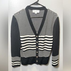 St. John Collection Marie Gray White Black Gold Button Cardigan Sweater Size Med